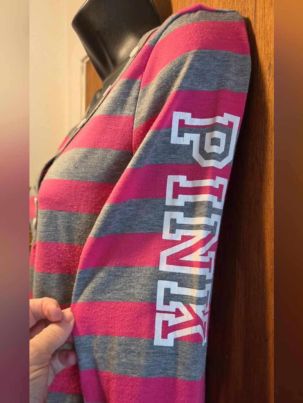 PINK Victoria's Secret Pink & Gray Striped Long-Sleeve Button Henley SzXL - Picture 5 of 10